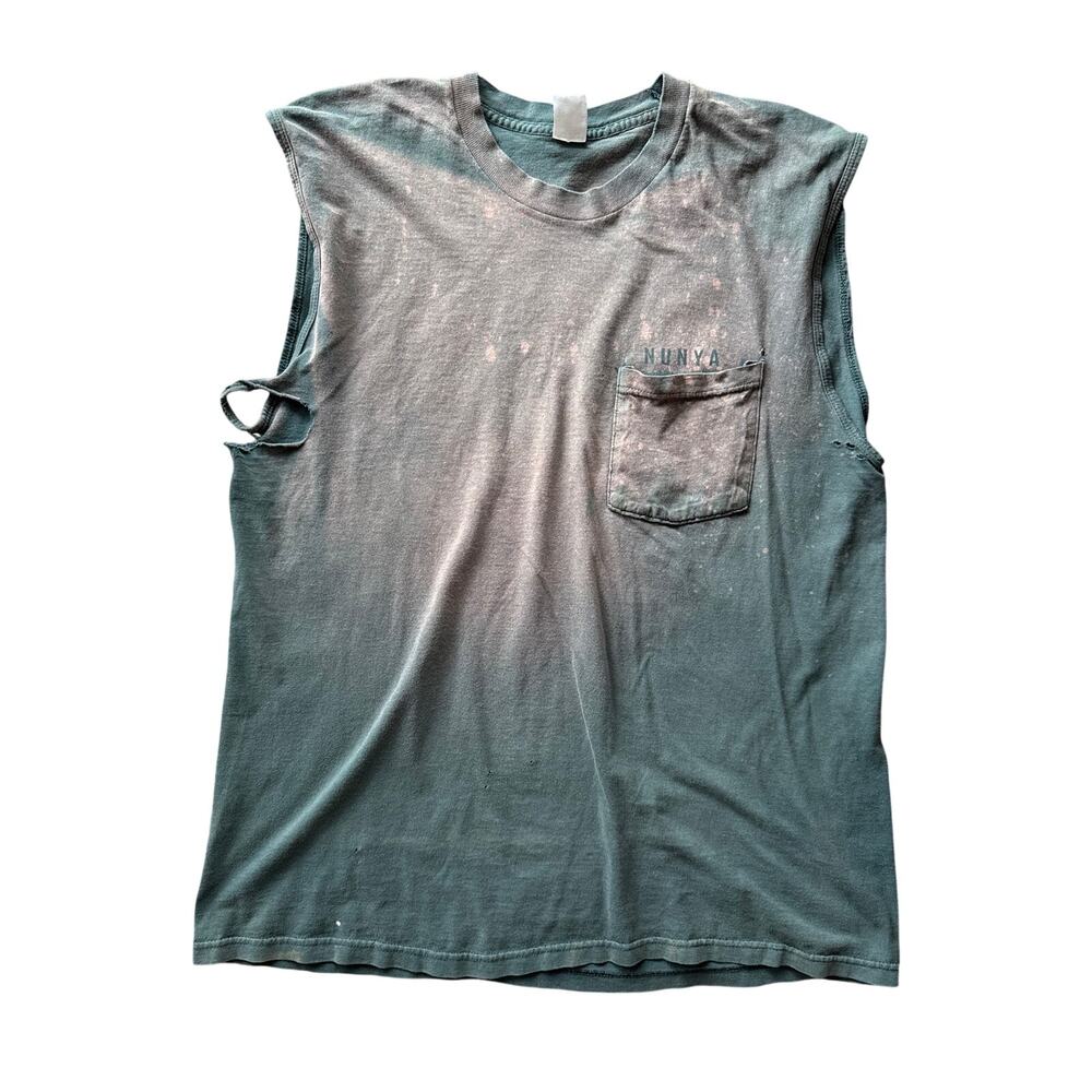 Vtg Nunya Branded Smoker Bleached Distressed Green FOTL XL Sleeveless Fader Tee